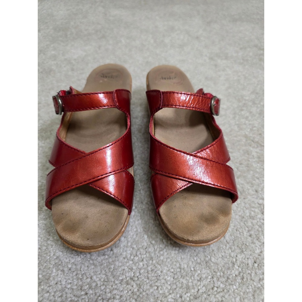 Dansko Red Metallic Leather Crisscross Buckle Wedge Slide Sandals Size 39